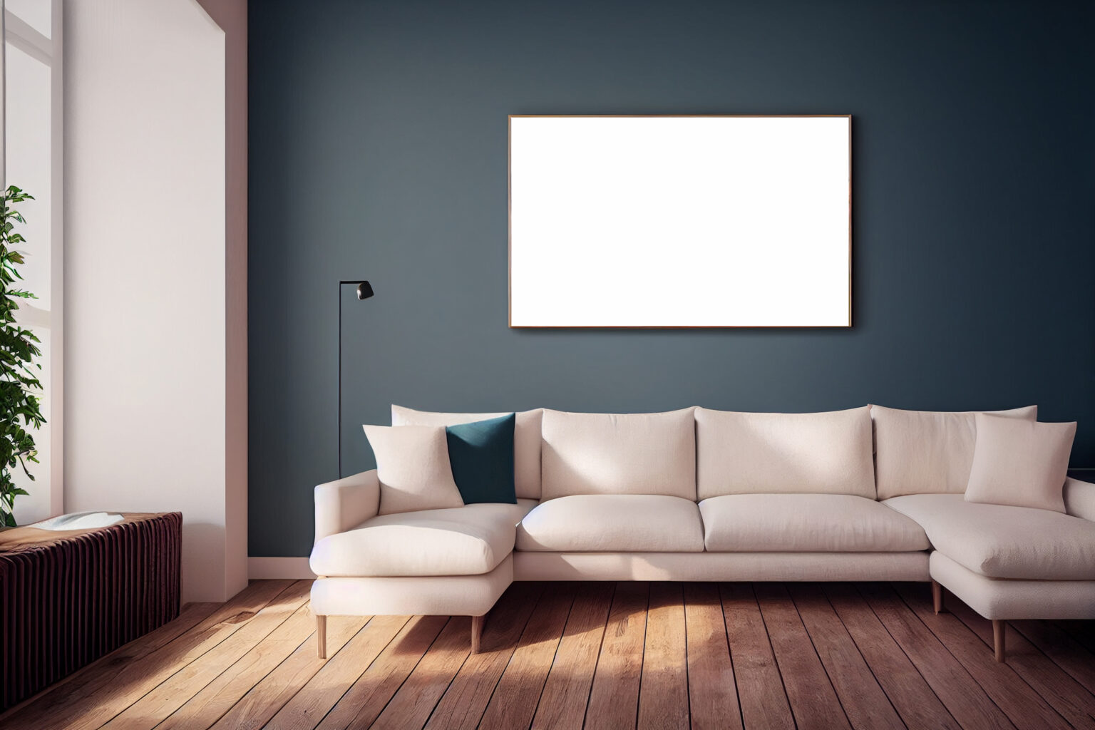 Interior living room, empty frame in wall mockup in white and scandinavian colors room with wooden furniture. Bright living room interior with white empty wall. 3D rendering, illustration.